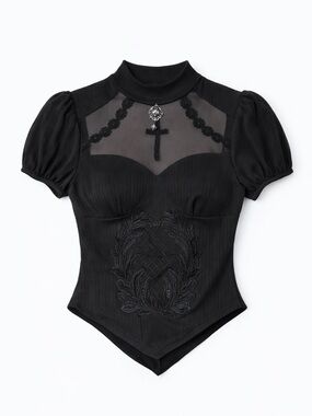Goth Puff-Sleeve Embroidered Cross Corset Top Romancecore Victorian 🕷️